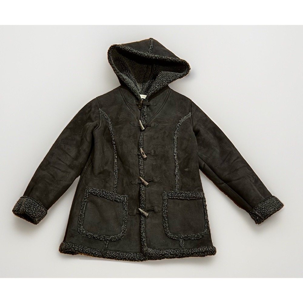 Vintage LL Bean Women's Faux Shearling Suede Coat Toggle Buttons Hood Rare